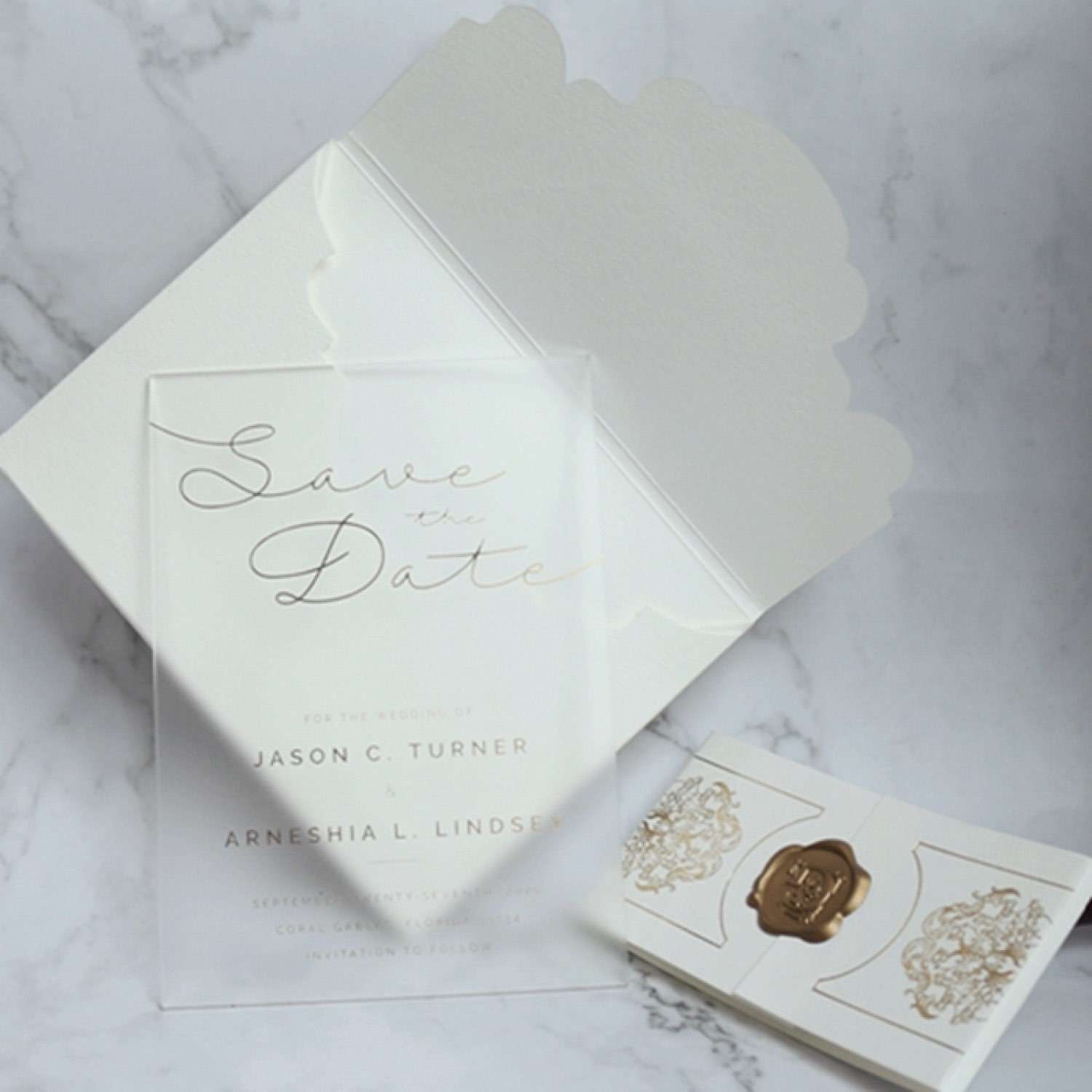Foil Printing Frosted Acrylic Invitation with  Paper Pocket Invitation Customized 